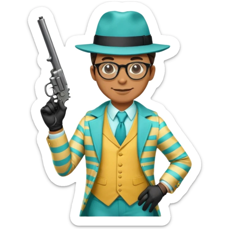 a detective in a yellow striped suit and turquoise vest, with a wide sly smile and wearing a hat, glasses, black gloves, holding a revolver sticker