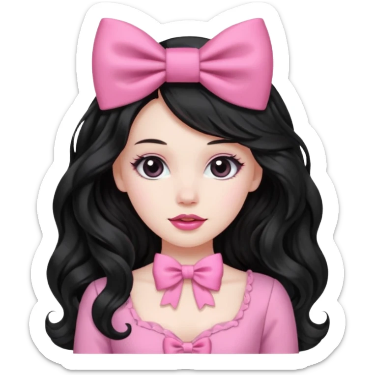 black hair with wavy long hair and pink clothes coquette vibes, a bow sticker