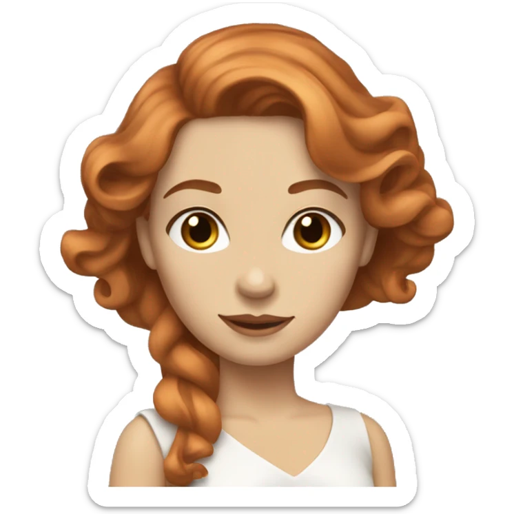 A woman with long copper-colored, wavy hair, hazel eyes, white skin and wearing an elegant dress sticker