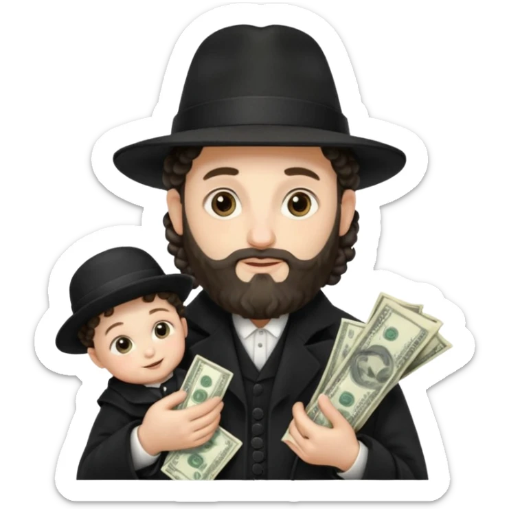 Jewish rabbi wearing traditional religious apparel with two side hair curls holding money and baby sticker