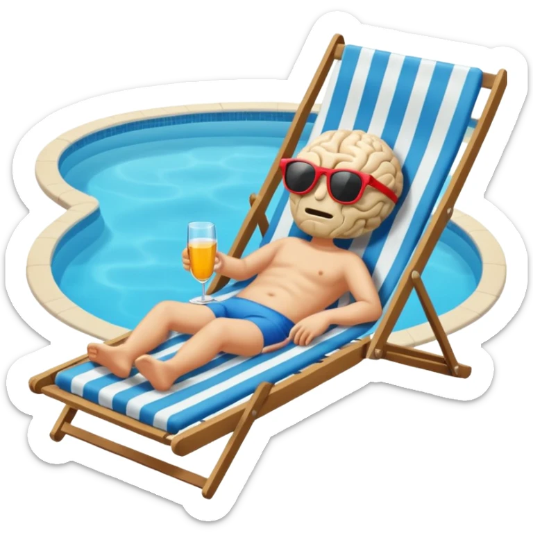 A brain lies in a deck chair wearing sunglasses at the edge of the pool. sticker