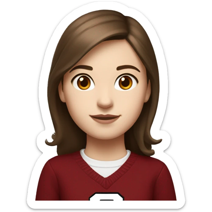 Girl with brown hair and white skin wearing a crimson and white sweater with the black crimson and white Harvard University logo on it  sticker
