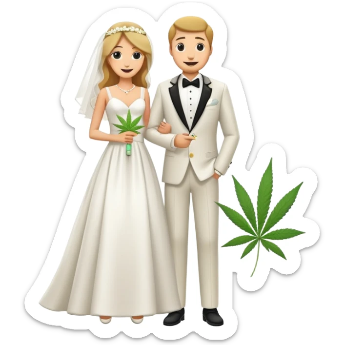 Full body view of bride in white dress and groom in tuxedo sharing a cannabis joint, cheerful cartoon wedding couple standing together sticker