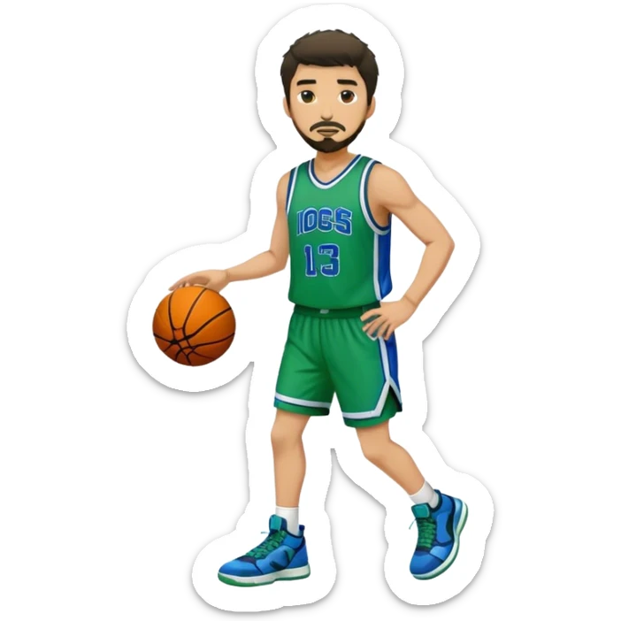 Full Body  white male basketball player with short dark shaggy hair and goatee wearing green and blue uniform sticker