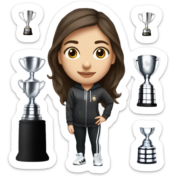 Very pretty girl with brunette hair and hazel eyes who is very very pretty who has a Stanley cup and flare pants and then an Adidas hoodie and is holding a Stanley cup sticker