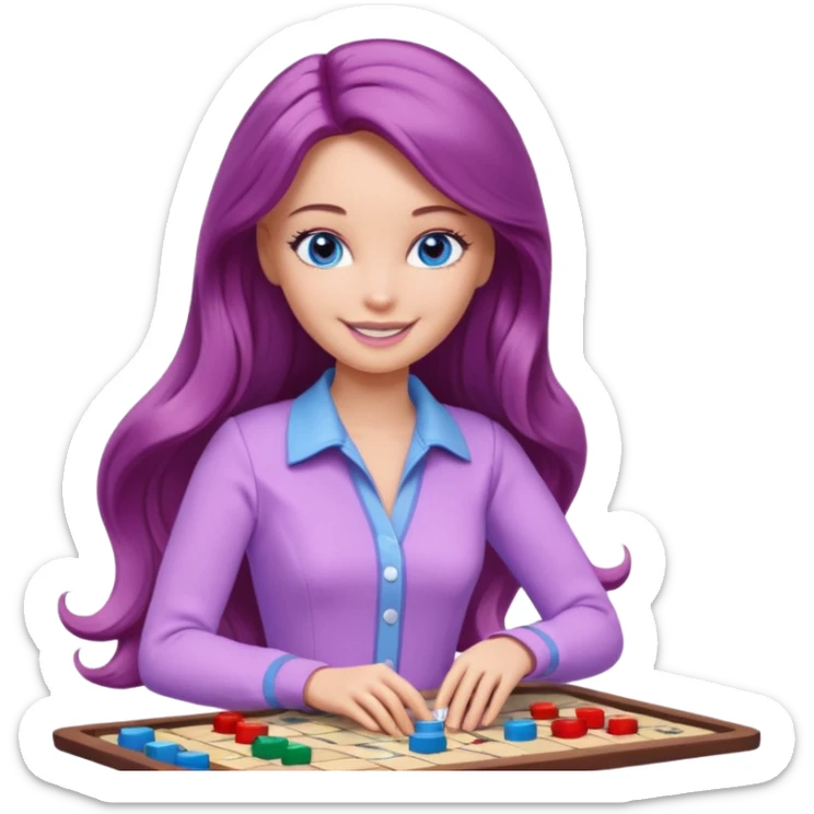 beautiful barbie girl with long brown hair, blue eyes and wearing light purple clothes playing board games sticker