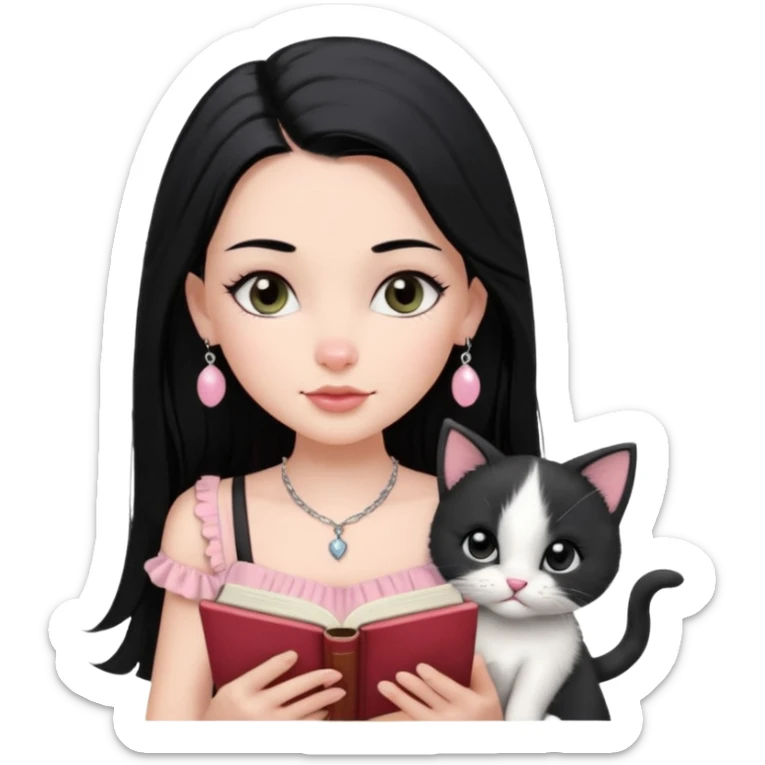Menina branca ,cabelos pretos longos, olhos pretos puxados para cima. Cílios longos, lábios grossos ,nariz pequeno ,vestido rosa claro de alça. Colar e brinco bem pequeno. Lendo um livro com gatinho preto e branco. sticker