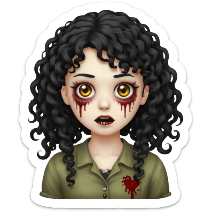 Emoji garota zombie sem ferimentos no rosto com cabelo preto cacheado longo com franja cacheada sem volume sticker