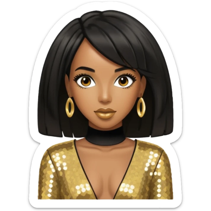 Kelly Rowland from Destiny's Child with black hair, gold outfit sticker