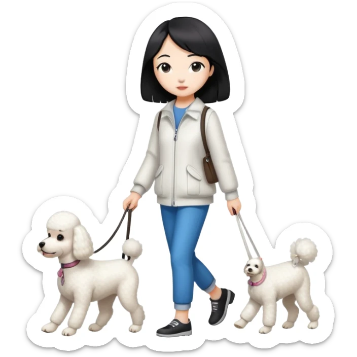one dog (white poodle) walking with owner (Asian girl with straight black hair) sticker
