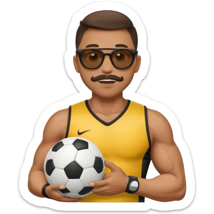 Cane muscoloso con occhiali da sole con un pallone da calcio in bocca sticker