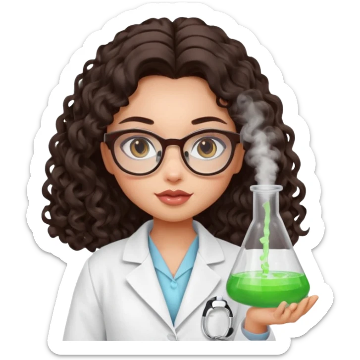 realistic bratz doll with long loose curly dark brown hair, glasses that are round cat eye vibes, in a lab coat mixing beakers that glow sticker