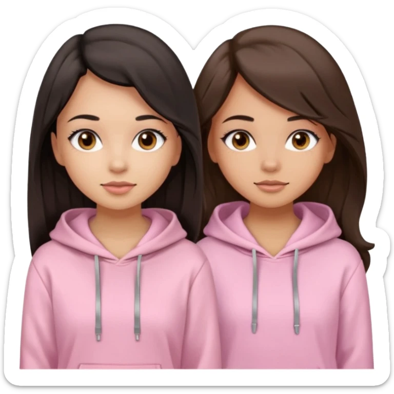 A pretty girl with light skin and long straight black brown hair, wearing a very light pink basic hoodie with brown eyes and makeup and a round face with another girl who is taller with an oval face, tan skin and very wavy brown hair, and a light pink basic shirt sticker