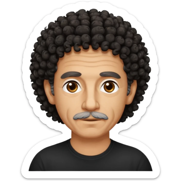 60 year old Greek man with short black curly frizzy think hair that sticks up and has a black shirt sticker
