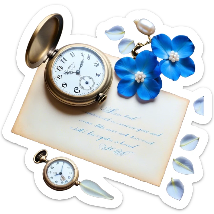 An elegant still life of a vintage pocket watch with an engraved case, lying next to a faded love letter sealed with a pearl wax stamp, surrounded by delicate white and blue floral petals.
 sticker