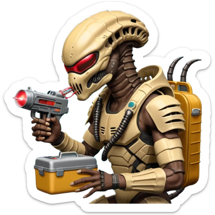 The Predator, as in the 1987 movie, with full armor, shoulder laser gun and mask eating an Alien facehugger from a lunchbox, the setting should be dark and sci-fi. sticker