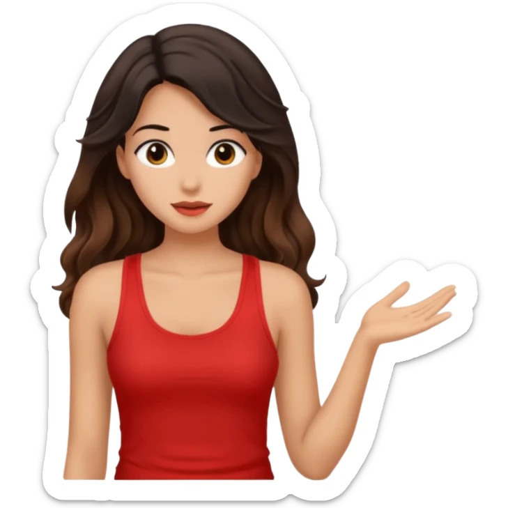 generate a pretty tan bratz girl with brown wavy hair long wearing a red tank top talking to a girl with black hair sticker