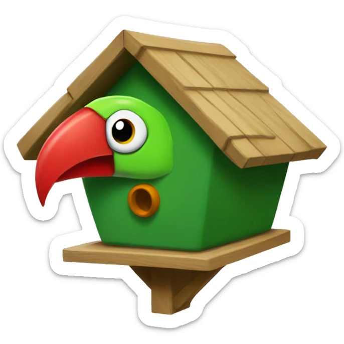 green birdhouse aviary that looks like a head of a parrot with red streak sticker