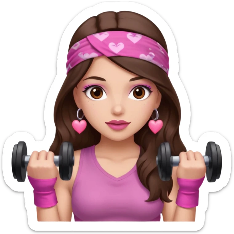 Pink and clothes emoji, inspired with brunette hair, brown eyes, long hair, heart shape lips and pink make up  and pink nails, mauve pink blush and a chocolate brown bandana lifting dumbbells sticker