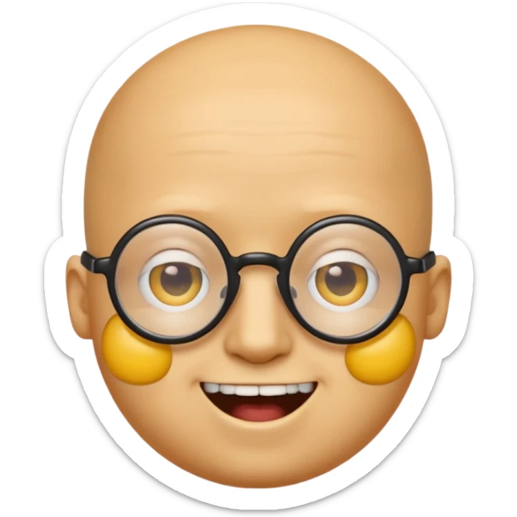 Créer un emoji nerd le perso doit être une tête basique d'emoji jaune tête ronde sans cheveux 🤓 avec une grosse paire de lunettes rectangulaires noires 3 petits boutons d'acné sur chaque joue et une dent qui dépasse  sticker