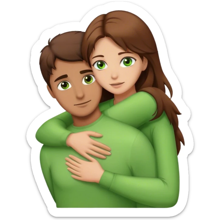 Man with brown hair and green eyes  hugs woman with brown hair and brown eyes sticker