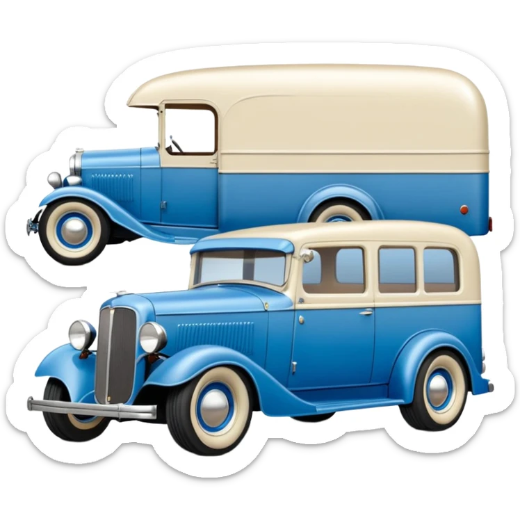 A 1934 ratty old antique rat Chevrolet hot rod caravan with  a large matching trailer that’s blue and pearl  sticker