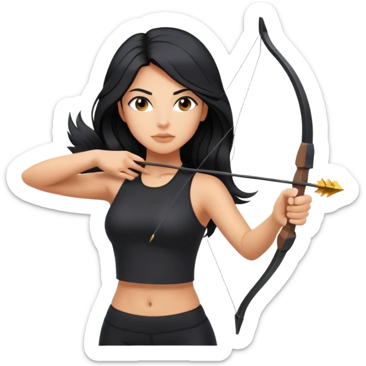 woman tanned long black hair, shooting arrow , black yoga clothes sticker