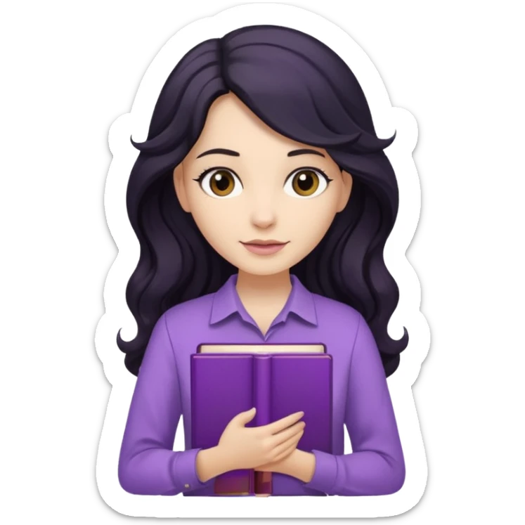 Long Hair Women with Black wavy hair, with purple Book, beige shir, without background sticker