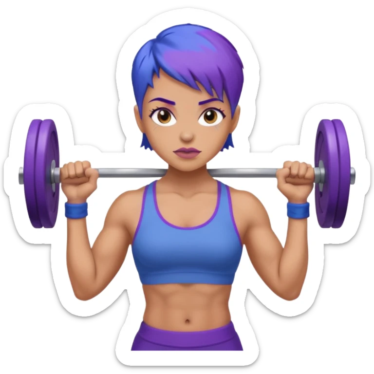 weight lift woman short blue purple har muscles bar is not growing from head sticker