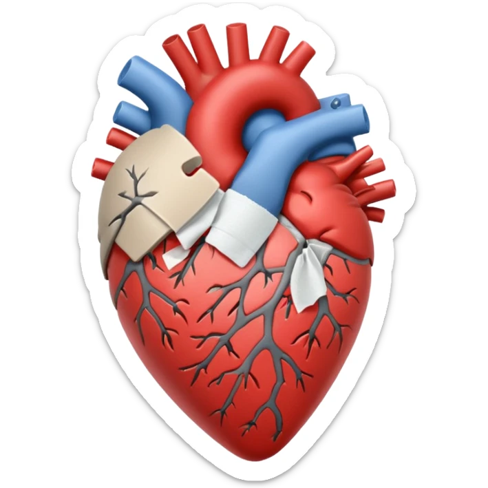 Un corazón humano roto de color gris con grietas  sangrando y expulsando sangre rodeado de vendas y tiritas que se despegan sin hacer efecto sticker