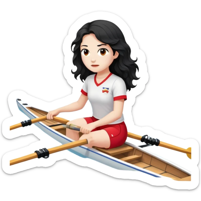 girl with long black wavy hair, white skin, wearing red shorts and white short-sleeve t-shirt, sitting in a professional Olympic rowing boat rowing, facing fully right sticker