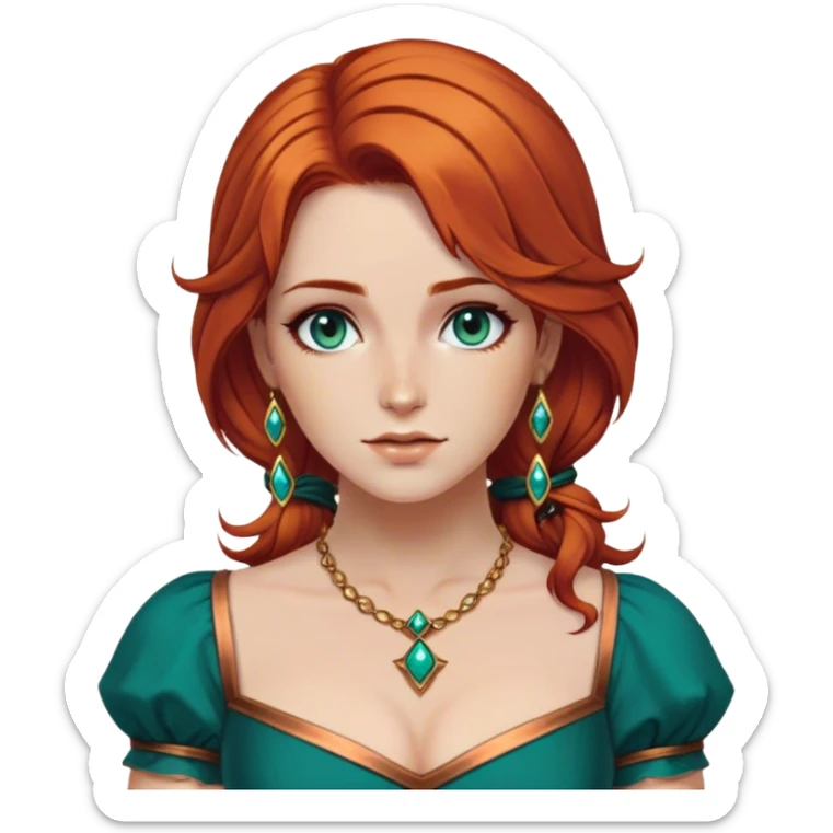 triss merigold with copper hair and teal dress and gold jwellery sticker