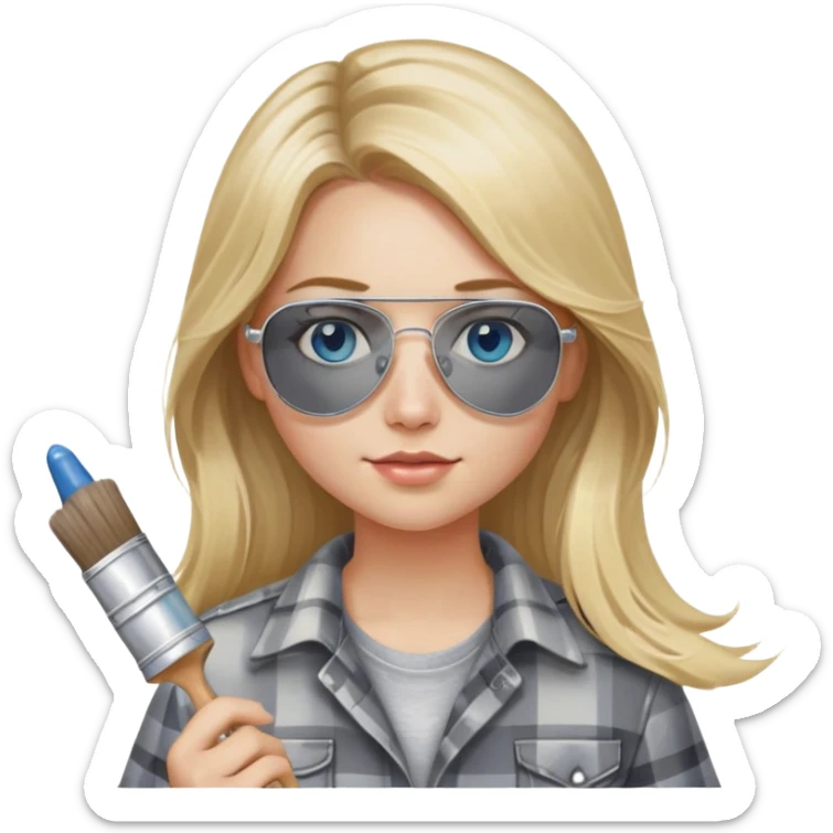 girl with long blond hair, wearing grey plaid shirt with blue eyes and aviator sunglasses wearing a ring on her silver necklace, holding a paint brush roller with a small bit of paint on her face sticker