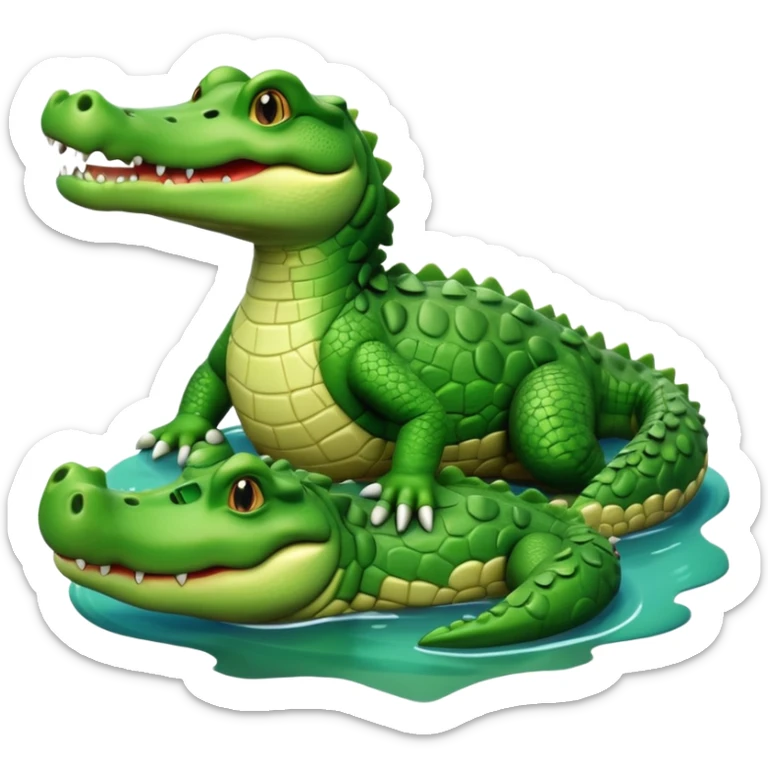 A cute 3D cartoon crocodile resting on a riverbank, part of its body in the water. Smooth rounded design, bright colors, soft lighting, friendly expression, Memoji-style realism. sticker