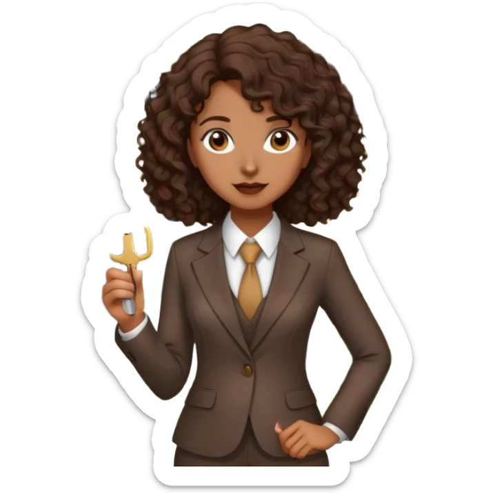 Dark brown lady with medium brown mid length curly hair in real estate job with house and keys sticker