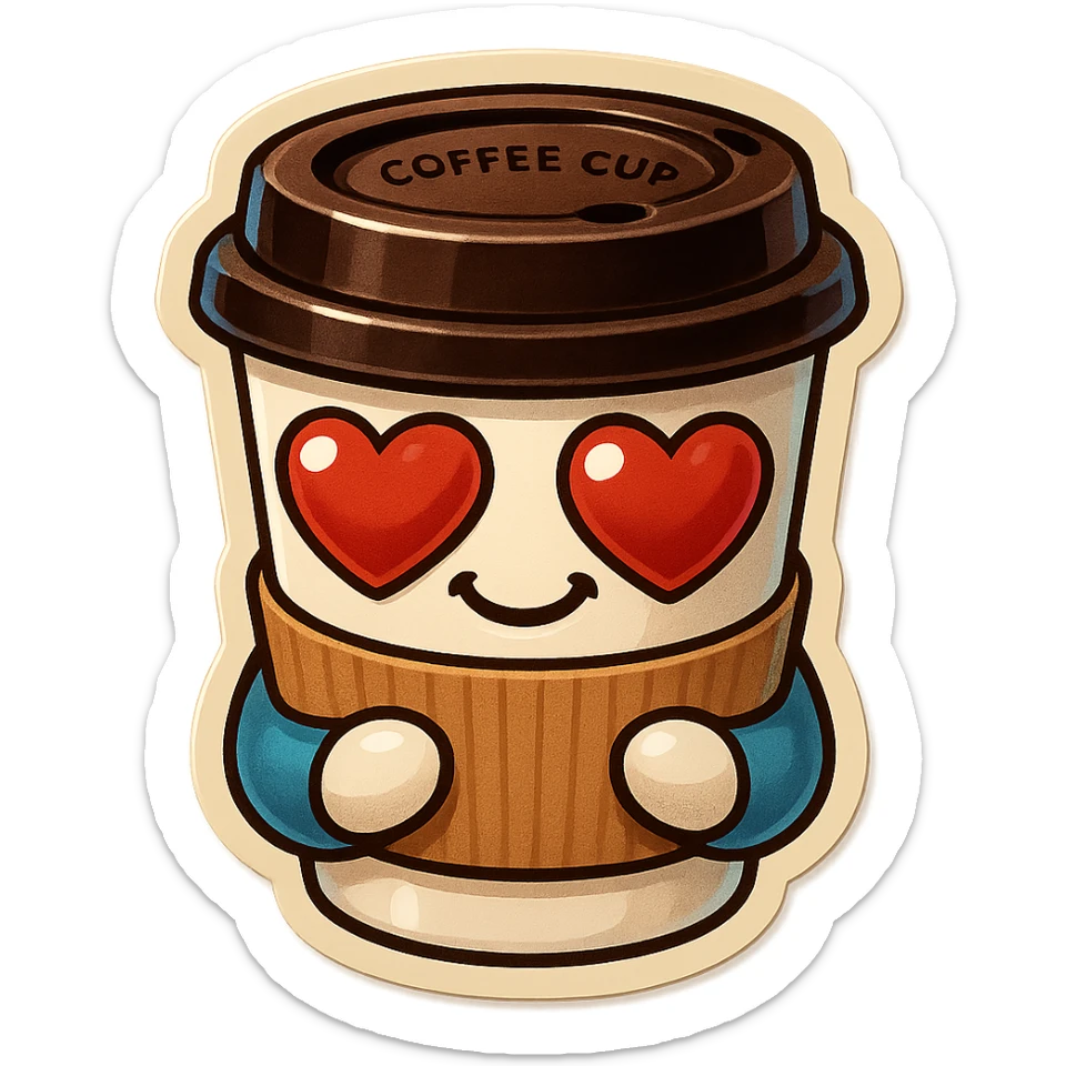 Ink wash style, coffee cup creature, big heart eyes, dopey smile sticker