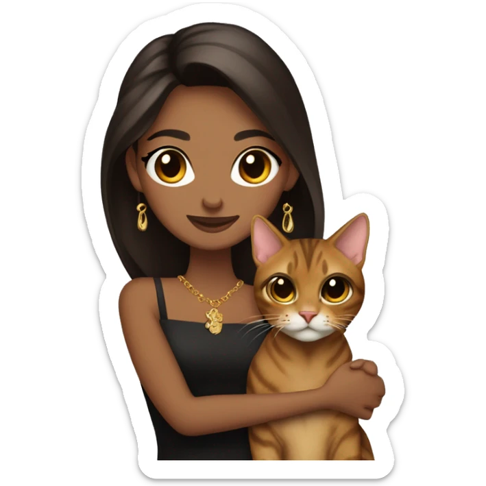  skinny beauty long dark brown hair in dark dress with gold earrings hug bengal cat sticker