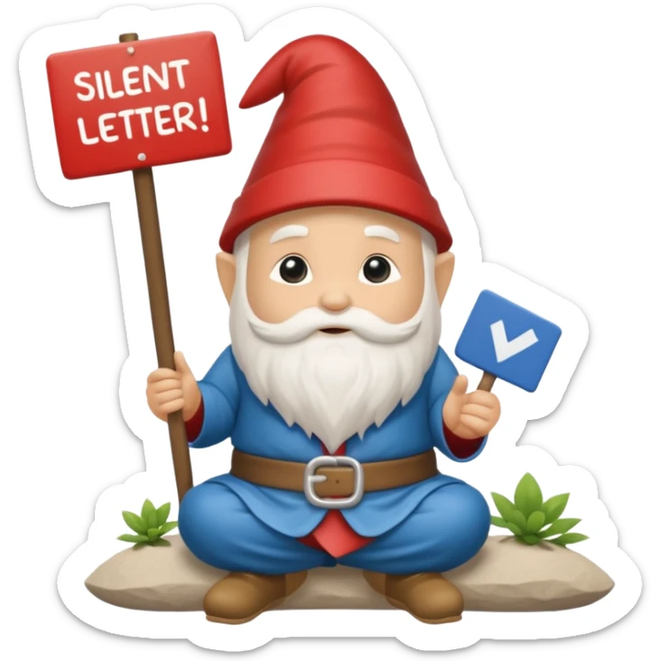 A zen rainbow garden gnome, holding a sign reading “Silent Letter Day, who’s with me? sticker