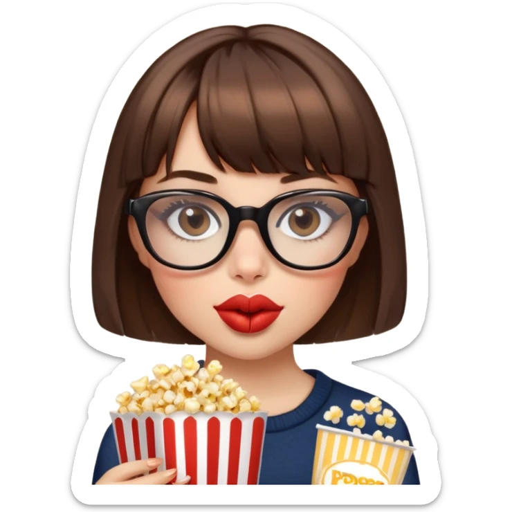 Girl with short brown hair and bangs, leopard square glasses and full lips eating popcor sticker