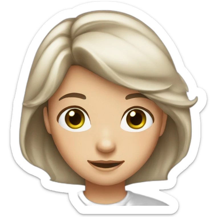 A girl with brown hair, green eyes, and red cheeks tall hair  white shirt  sticker