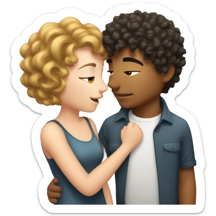 Chubby broy with curly hair kissing skinny girl with short wolfcut (shoulder long) hair, both white sticker