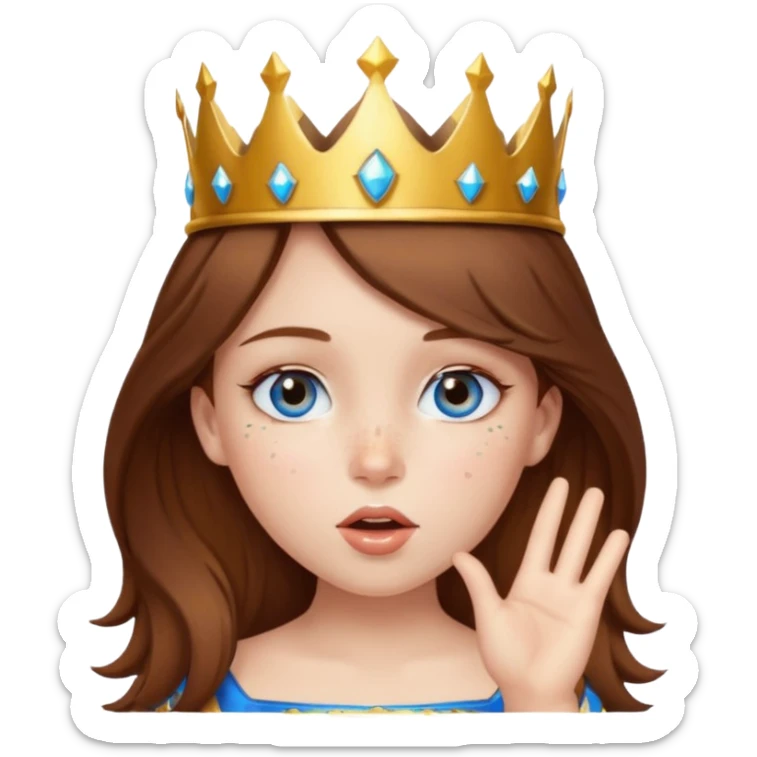 a girl with brown hair, blue eyes and freckles, who wears a crown and is blowing a kiss sticker