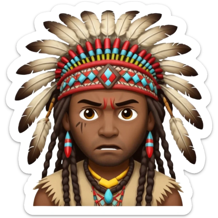 Black American man dark brown with dreads with a American Indian headdress with a mad face  sticker
