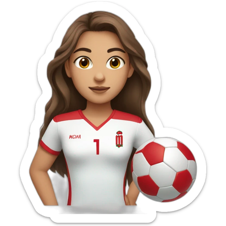 A girl with long brown hair ,with Brown eyes and football shirt of Morocco sticker