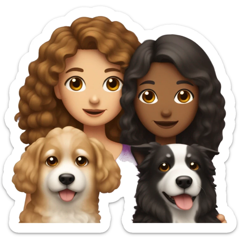 A Chinese girl with long brown curly hair is holding three dogs: one is a poodle, one is a black dog, and the other is a Shiba Inu. sticker