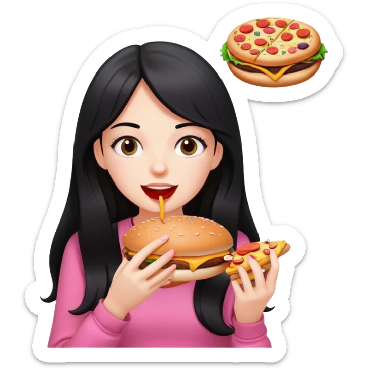 White girl in pink clothes and long black hair eating burger and pizza sticker