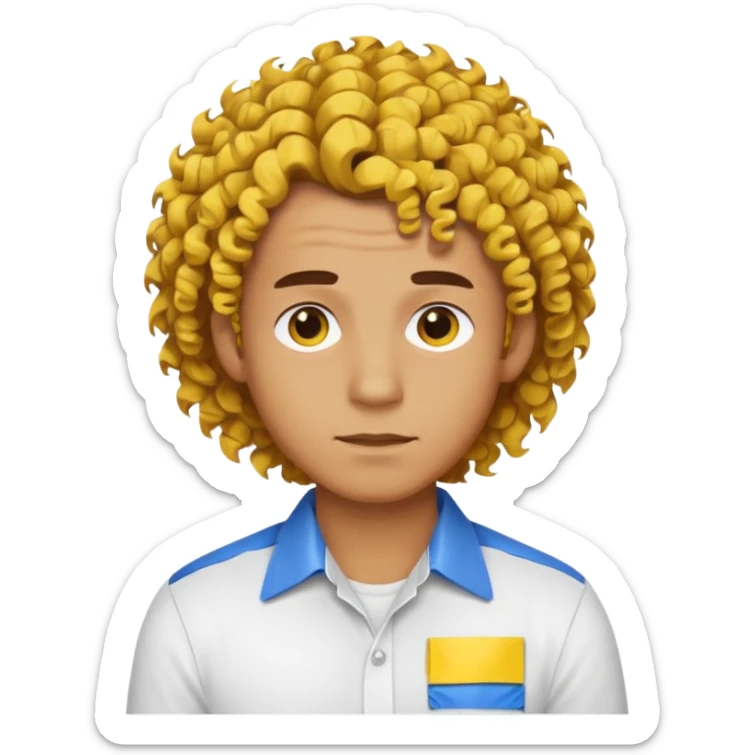 Make me an emoji that has a guy with a white shirt and yellow tape around the shirt with brown and blue spots hair make the hair curly make the yellow tape go around it sticker