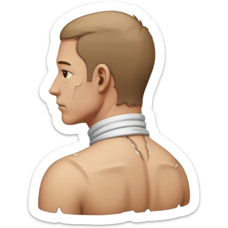 side view of man with bent neck, pain from the back of his neck sticker