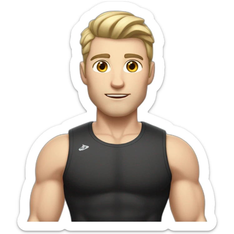 Pale skinned Fit Man With the biceps and dark brown hair in black shirt, gray sports shorts and white Sneakers sticker