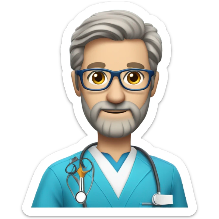 male dark blond haired doctor with grey van dyke beard with hazel eyes and small wire-rimmed glasses in blue scrubs holding a large paintbrush and jigsaw sticker